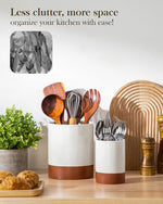 Load image into Gallery viewer, MALACASA Utensil Holder, 7.3"+5.5" Ceramic Kitchen Utensil Holder for Countertop, Large Cooking Utensil Crocks for Kitchen Counter, Farmhouse Utensils Organizer, Set of 2, Khaki White, Series TARA