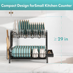 Load image into Gallery viewer, 2 Tier Dish Drainers Drying Rack for Kitchen Counter Large Stainless Steel Dishes Drain with Drainboard, Space Saving, Big Modern Black Countertop Metal Plates Dryer Strainer Holder and Extra Tray