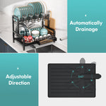 Load image into Gallery viewer, 2 Tier Dish Drainers Drying Rack for Kitchen Counter Large Stainless Steel Dishes Drain with Drainboard, Space Saving, Big Modern Black Countertop Metal Plates Dryer Strainer Holder and Extra Tray