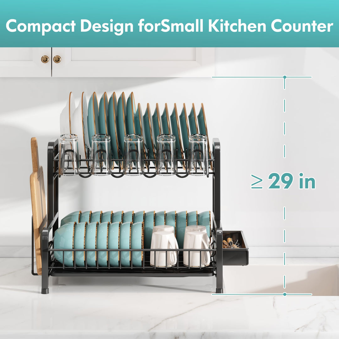 2 Tier Dish Drainers Drying Rack for Kitchen Counter Large Stainless Steel Dishes Drain with Drainboard, Space Saving, Big Modern Black Countertop Metal Plates Dryer Strainer Holder and Extra Tray