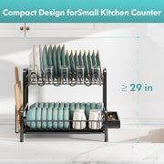 2 Tier Dish Drainers Drying Rack for Kitchen Counter Large Stainless Steel Dishes Drain with Drainboard, Space Saving, Big Modern Black Countertop Metal Plates Dryer Strainer Holder and Extra Tray