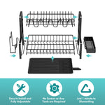 Load image into Gallery viewer, 2 Tier Dish Drainers Drying Rack for Kitchen Counter Large Stainless Steel Dishes Drain with Drainboard, Space Saving, Big Modern Black Countertop Metal Plates Dryer Strainer Holder and Extra Tray
