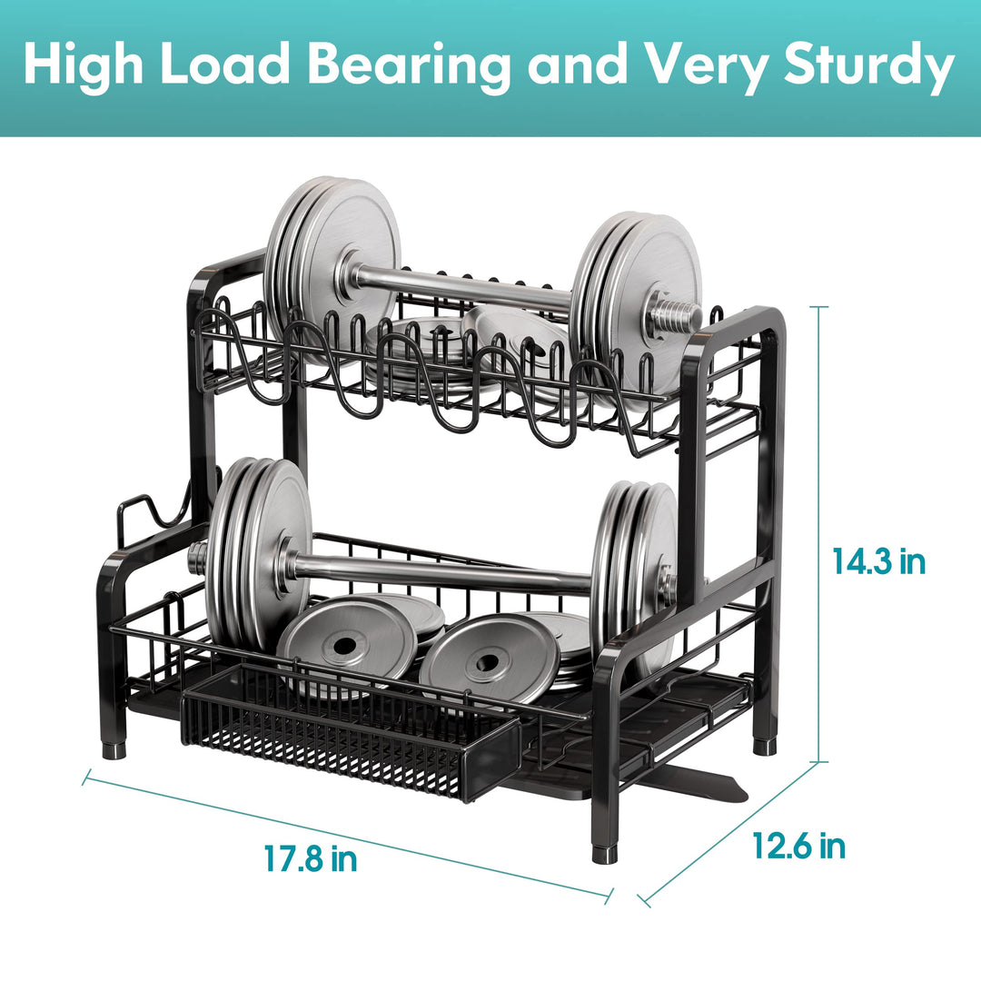 2 Tier Dish Drainers Drying Rack for Kitchen Counter Large Stainless Steel Dishes Drain with Drainboard, Space Saving, Big Modern Black Countertop Metal Plates Dryer Strainer Holder and Extra Tray