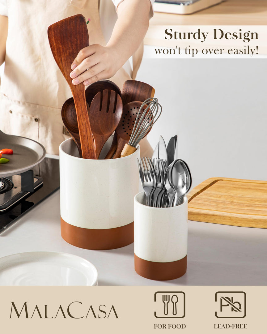 MALACASA Utensil Holder, 7.3"+5.5" Ceramic Kitchen Utensil Holder for Countertop, Large Cooking Utensil Crocks for Kitchen Counter, Farmhouse Utensils Organizer, Set of 2, Khaki White, Series TARA