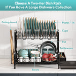Load image into Gallery viewer, 2 Tier Dish Drainers Drying Rack for Kitchen Counter Large Stainless Steel Dishes Drain with Drainboard, Space Saving, Big Modern Black Countertop Metal Plates Dryer Strainer Holder and Extra Tray

